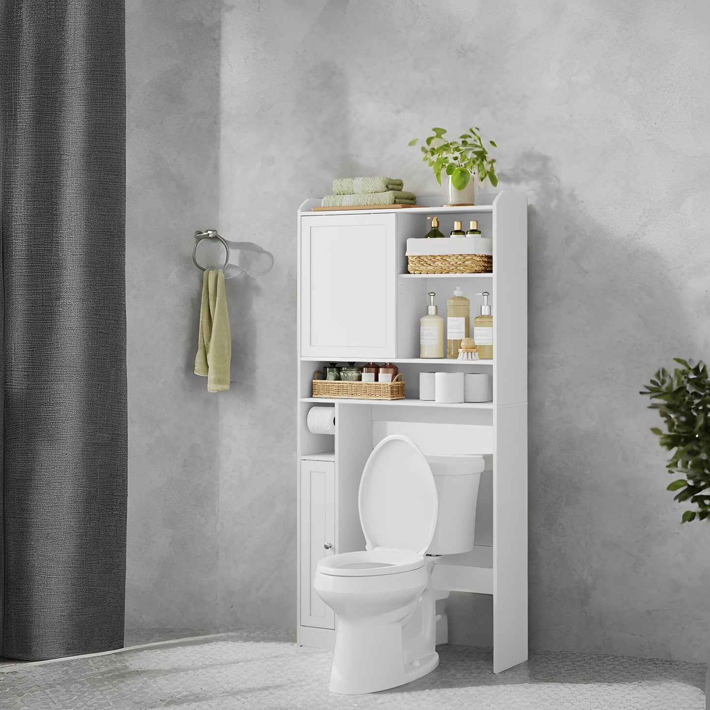 Over-The-Toilet Storage Cabinet with Sliding Door & Adjustable Shelves, Space-Saving Bathroom Organizer with Toilet Paper Holder, Cloud White
