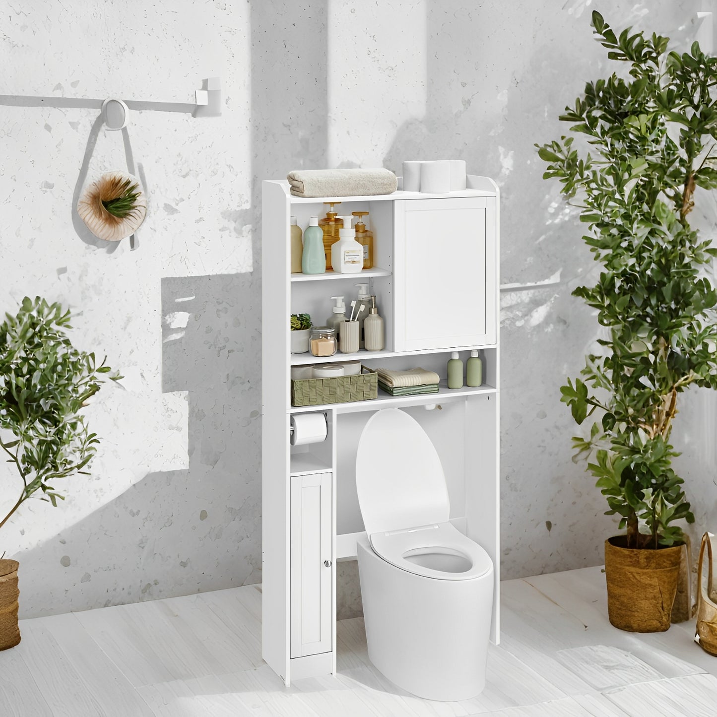 Over-The-Toilet Storage Cabinet with Sliding Door & Adjustable Shelves, Space-Saving Bathroom Organizer with Toilet Paper Holder, Cloud White