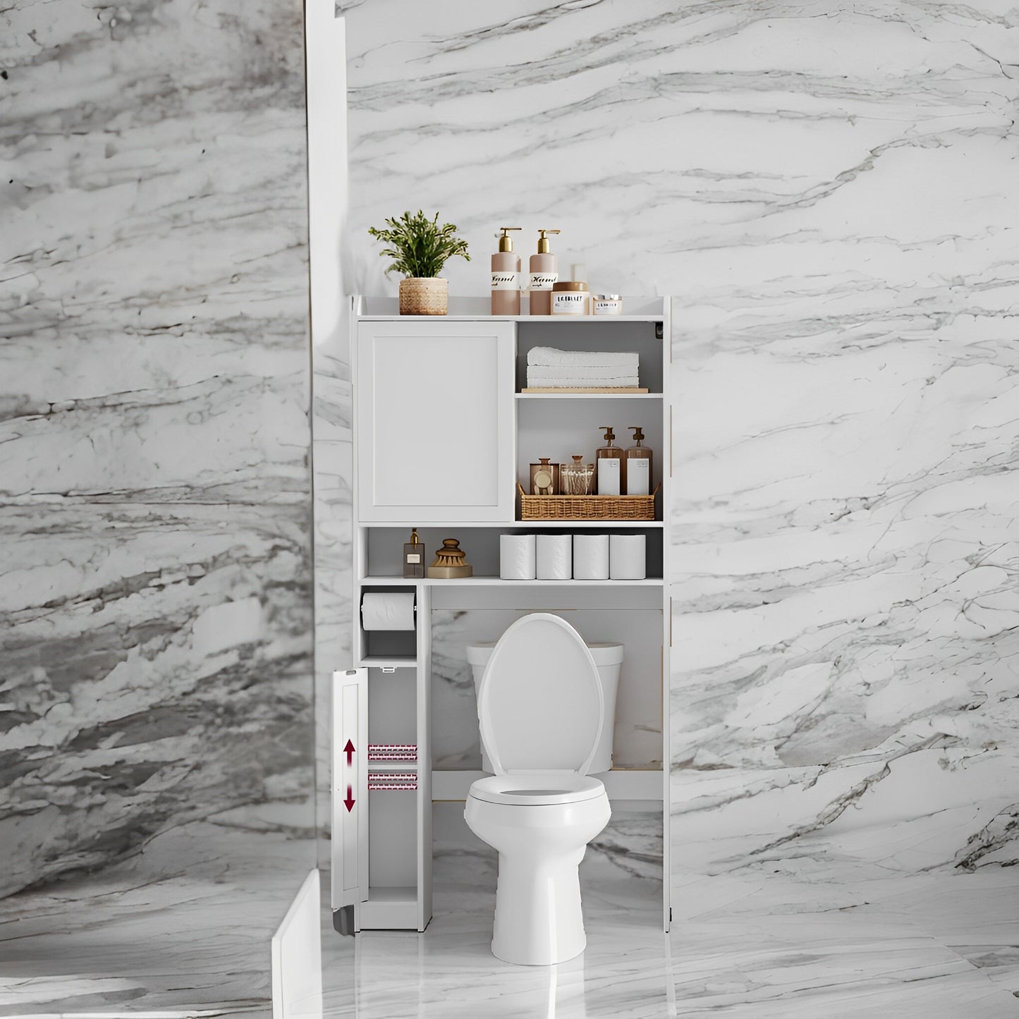 Over-The-Toilet Storage Cabinet with Sliding Door & Adjustable Shelves, Space-Saving Bathroom Organizer with Toilet Paper Holder, Cloud White