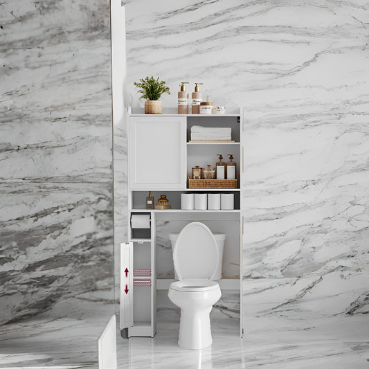 Over-The-Toilet Storage Cabinet with Sliding Door & Adjustable Shelves, Space-Saving Bathroom Organizer with Toilet Paper Holder, Cloud White