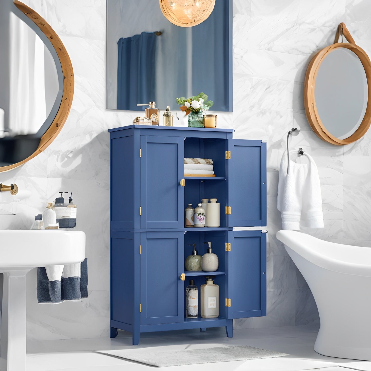 Freestanding Bathroom Storage Cabinet with 4 Doors & 5-Position Shelves, Double Compartment Organizer for Towels & Toiletries, Harbor Blue