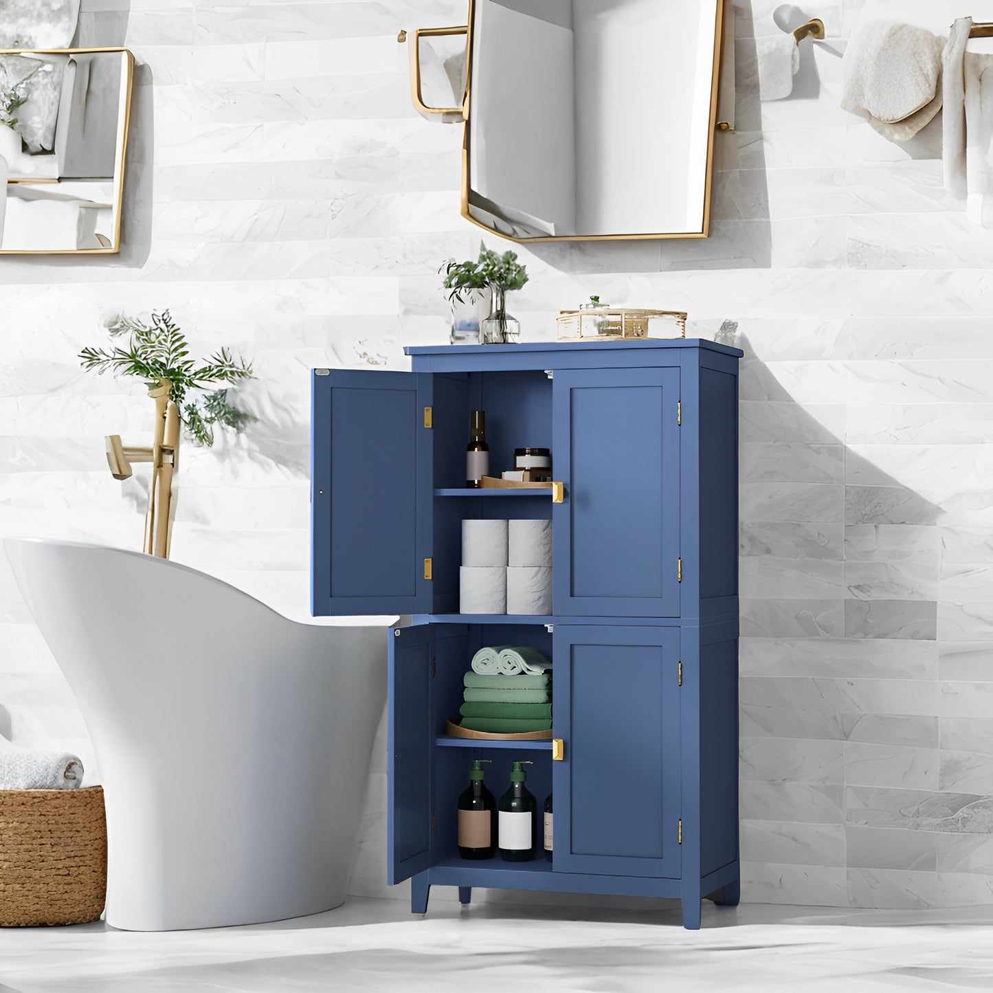 Freestanding Bathroom Storage Cabinet with 4 Doors & 5-Position Shelves, Double Compartment Organizer for Towels & Toiletries, Harbor Blue