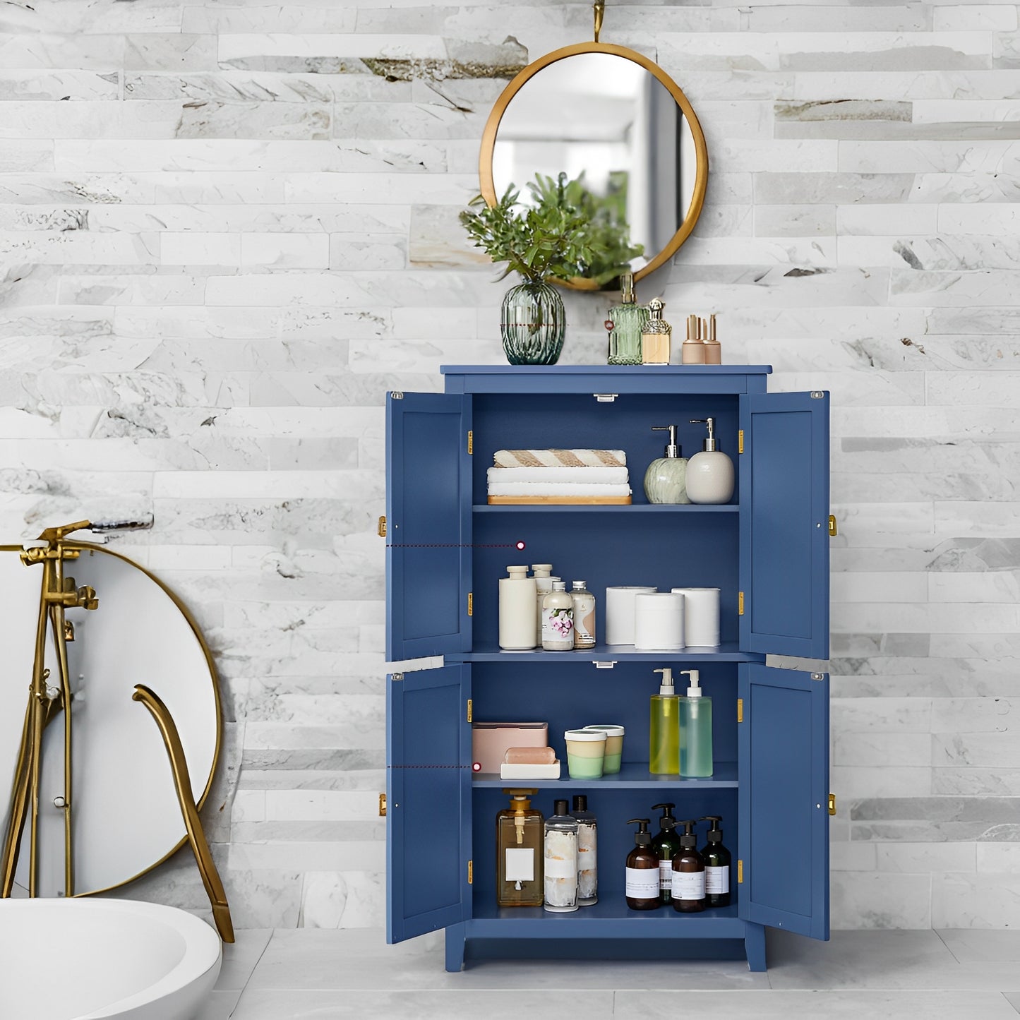 Freestanding Bathroom Storage Cabinet with 4 Doors & 5-Position Shelves, Double Compartment Organizer for Towels & Toiletries, Harbor Blue