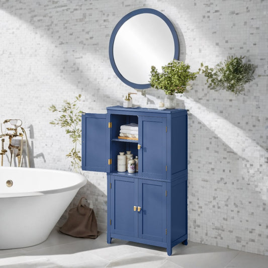 Freestanding Bathroom Storage Cabinet with 4 Doors & 5-Position Shelves, Double Compartment Organizer for Towels & Toiletries, Harbor Blue