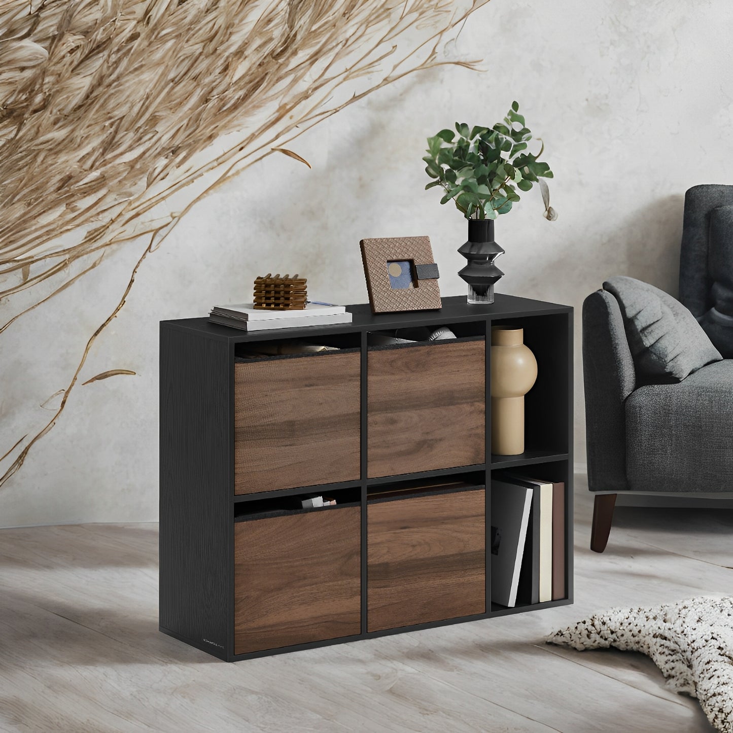 6-Cube Storage Organizer with 4 Fabric Drawers, Toolless Assembly Bookshelf, 132lb Capacity, Multi-Position, 32.7"W x 24.3"H, Walnut and Black