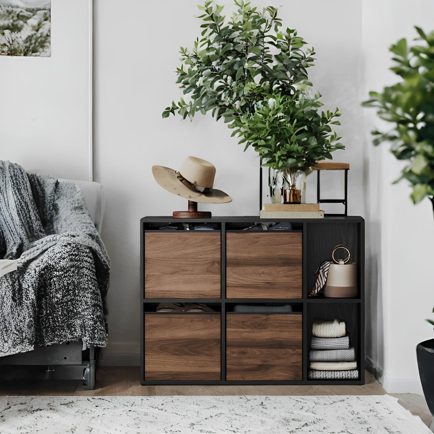 6-Cube Storage Organizer with 4 Fabric Drawers, Toolless Assembly Bookshelf, 132lb Capacity, Multi-Position, 32.7"W x 24.3"H, Walnut and Black