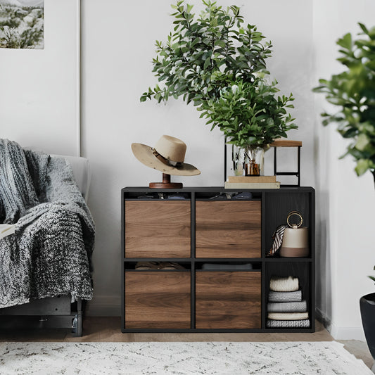 6-Cube Storage Organizer with 4 Fabric Drawers, Toolless Assembly Bookshelf, 132lb Capacity, Multi-Position, 32.7"W x 24.3"H, Walnut and Black