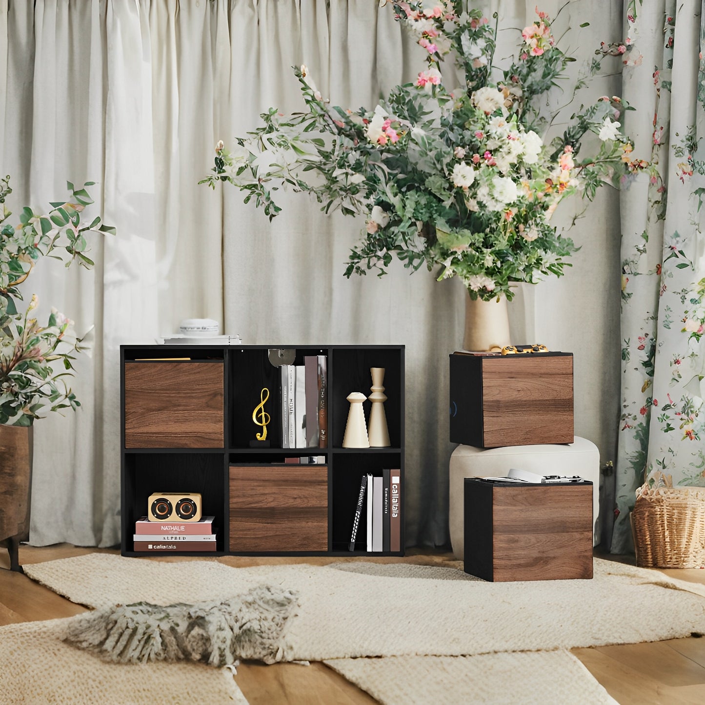 6-Cube Storage Organizer with 4 Fabric Drawers, Toolless Assembly Bookshelf, 132lb Capacity, Multi-Position, 32.7"W x 24.3"H, Walnut and Black