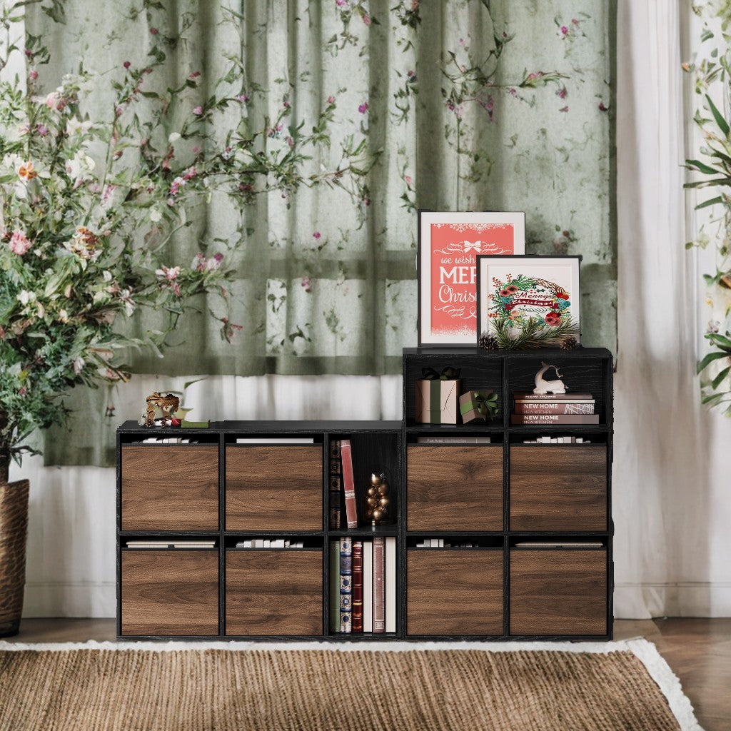 6-Cube Storage Organizer with 4 Fabric Drawers, Toolless Assembly Bookshelf, 132lb Capacity, Multi-Position, 32.7"W x 24.3"H, Walnut and Black