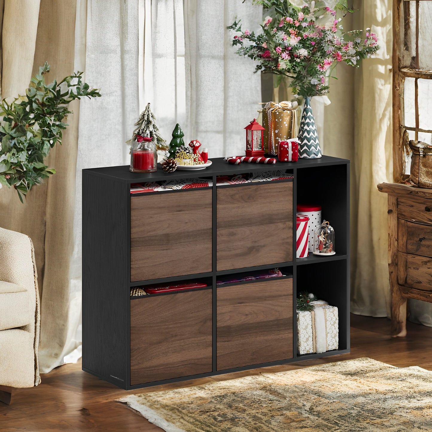 6-Cube Storage Organizer with 4 Fabric Drawers, Toolless Assembly Bookshelf, 132lb Capacity, Multi-Position, 32.7"W x 24.3"H, Walnut and Black