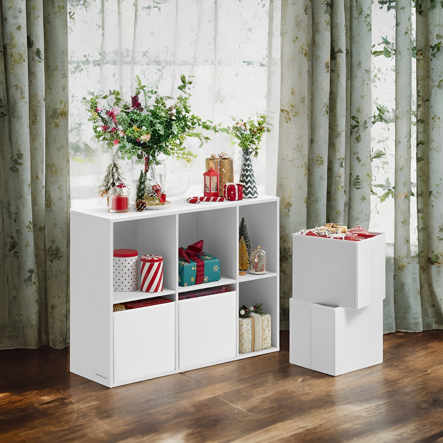 6-Cube Storage Shelf with 4 Fabric Drawers, Toolless Assembly, 132lb Capacity, Multi-Use Organizer for Home, Office, Wall-Mountable, Snow White