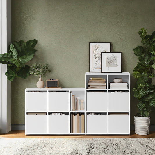 6-Cube Storage Shelf with 4 Fabric Drawers, Toolless Assembly, 132lb Capacity, Multi-Use Organizer for Home, Office, Wall-Mountable, Snow White