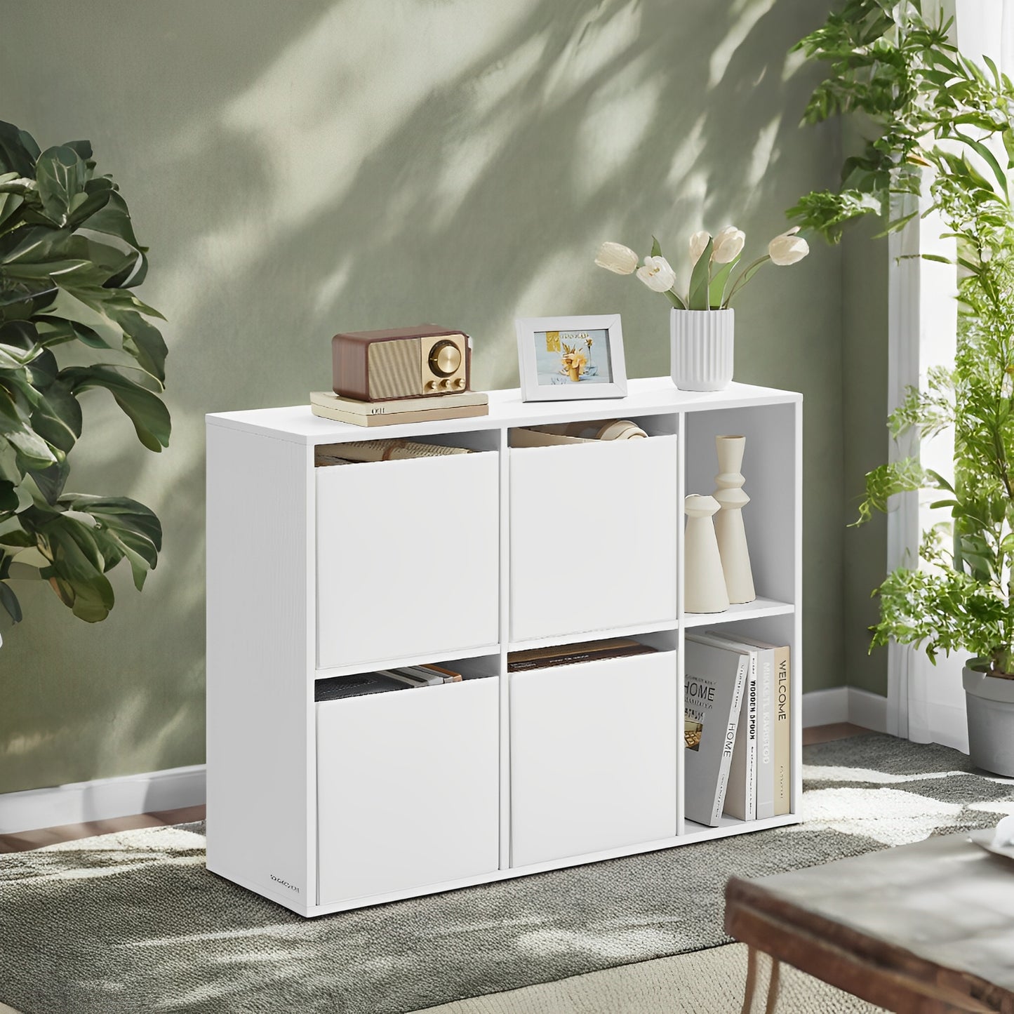 6-Cube Storage Shelf with 4 Fabric Drawers, Toolless Assembly, 132lb Capacity, Multi-Use Organizer for Home, Office, Wall-Mountable, Snow White