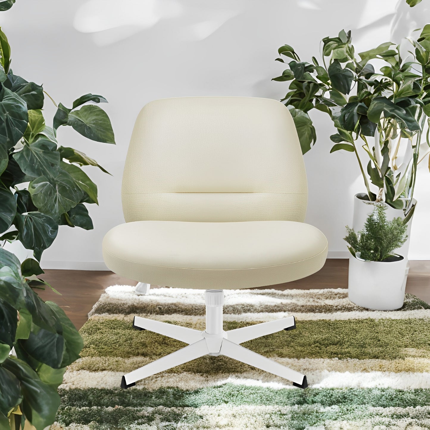Cross Legged Office Chair, Armless Swivel Adjustable Height, Wide Seat Crisscross Base, Ergonomic Home Desk Chair for Study Work, Cream White