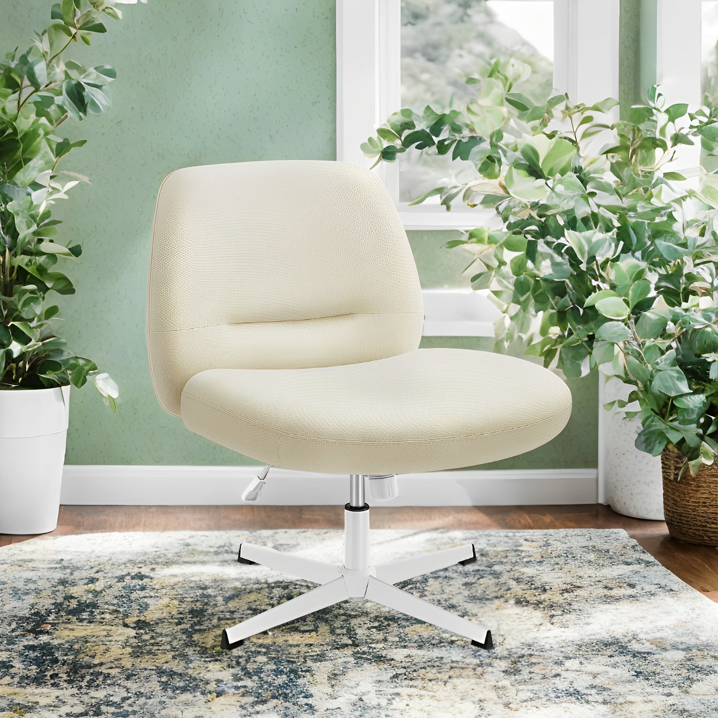 Cross Legged Office Chair, Armless Swivel Adjustable Height, Wide Seat Crisscross Base, Ergonomic Home Desk Chair for Study Work, Cream White
