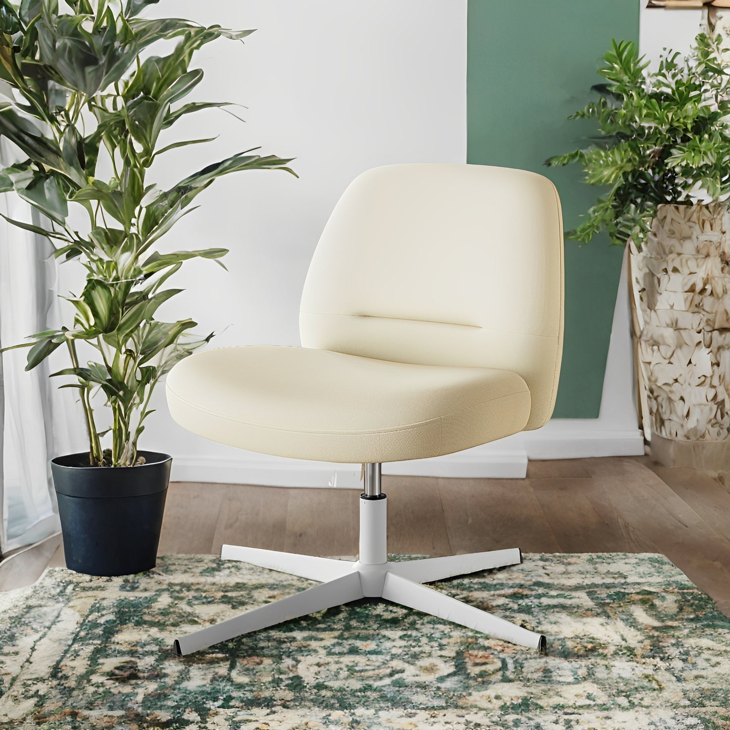 Cross Legged Office Chair, Armless Swivel Adjustable Height, Wide Seat Crisscross Base, Ergonomic Home Desk Chair for Study Work, Cream White