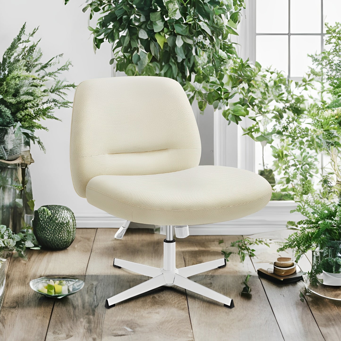Cross Legged Office Chair, Armless Swivel Adjustable Height, Wide Seat Crisscross Base, Ergonomic Home Desk Chair for Study Work, Cream White