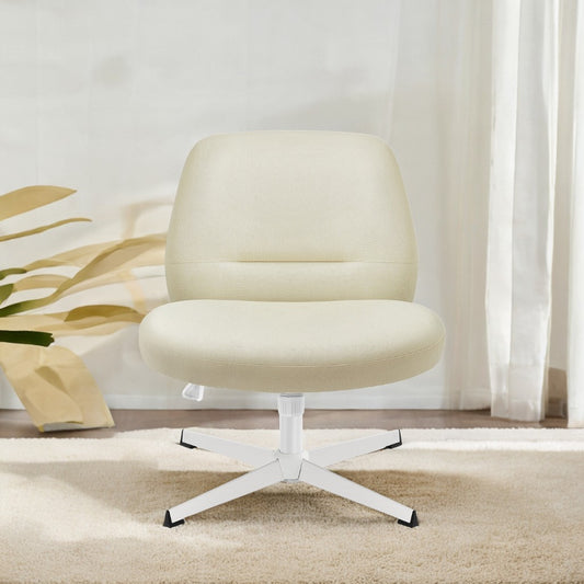 Cross Legged Office Chair, Armless Swivel Adjustable Height, Wide Seat Crisscross Base, Ergonomic Home Desk Chair for Study Work, Cream White
