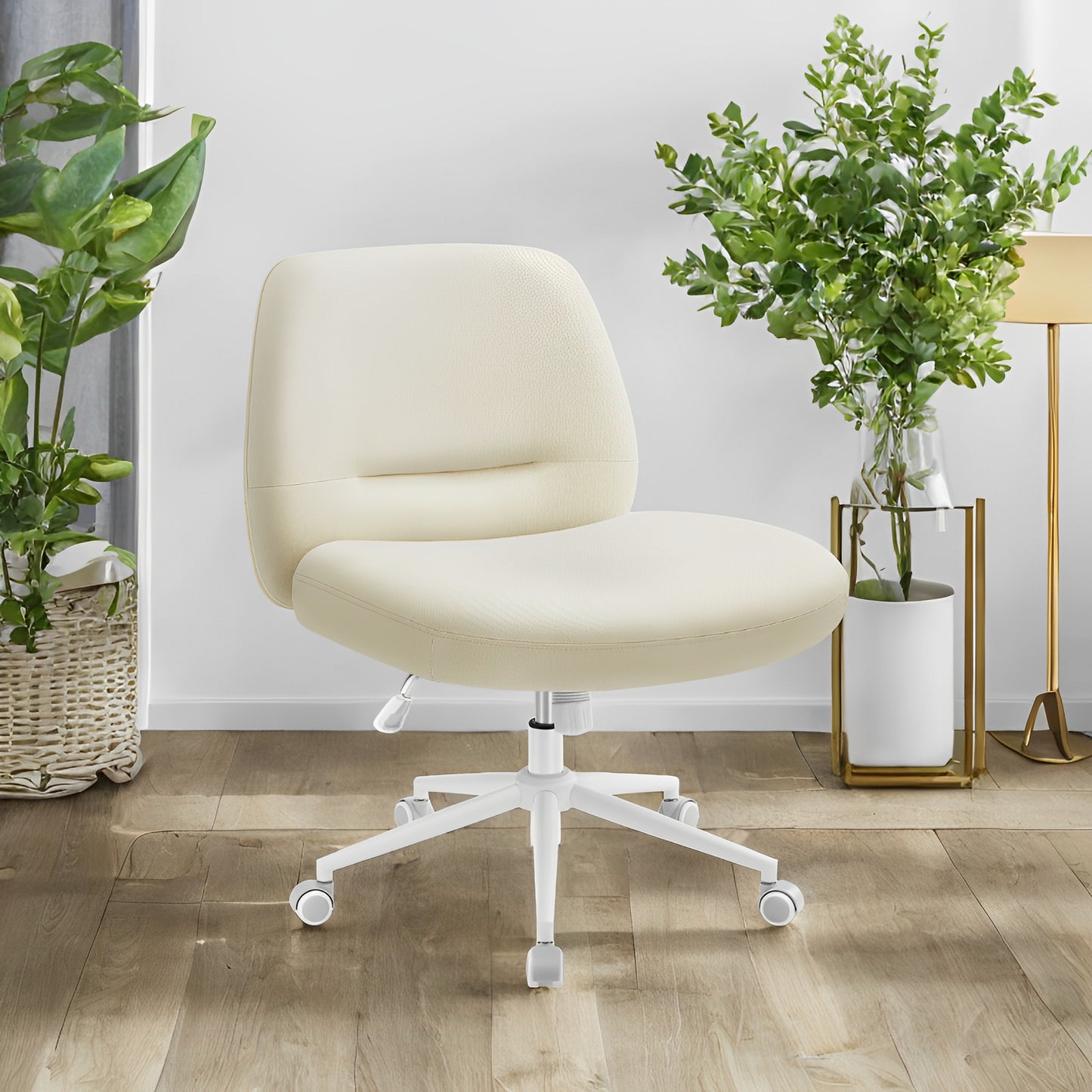 Swivel Office Chair with Wheels, Armless Cross Legged Design, Adjustable Height & Tilt, Wide Seat for Home Office Desk, Cream White