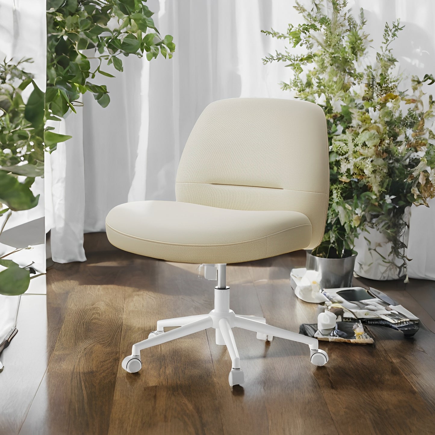 Swivel Office Chair with Wheels, Armless Cross Legged Design, Adjustable Height & Tilt, Wide Seat for Home Office Desk, Cream White