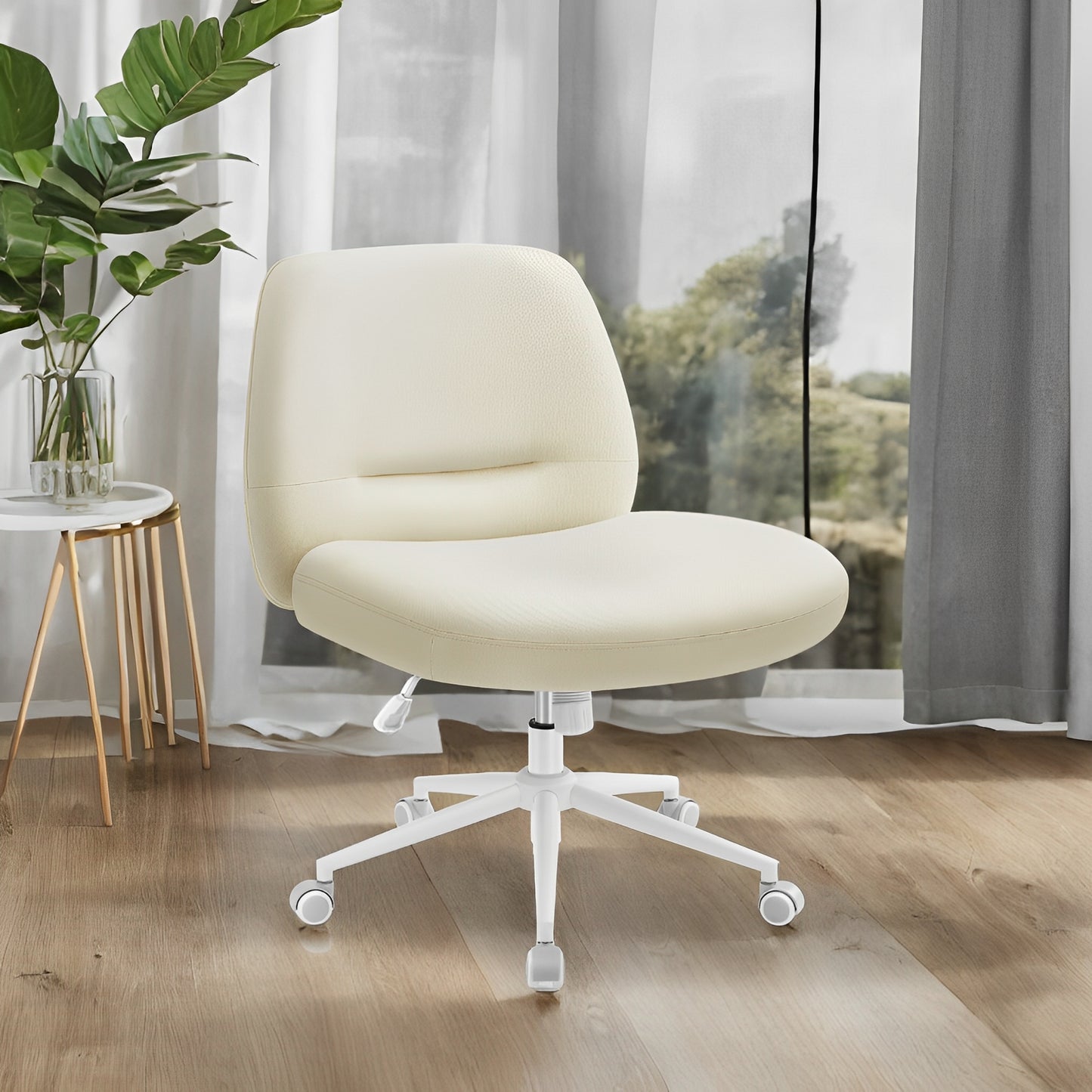 Swivel Office Chair with Wheels, Armless Cross Legged Design, Adjustable Height & Tilt, Wide Seat for Home Office Desk, Cream White