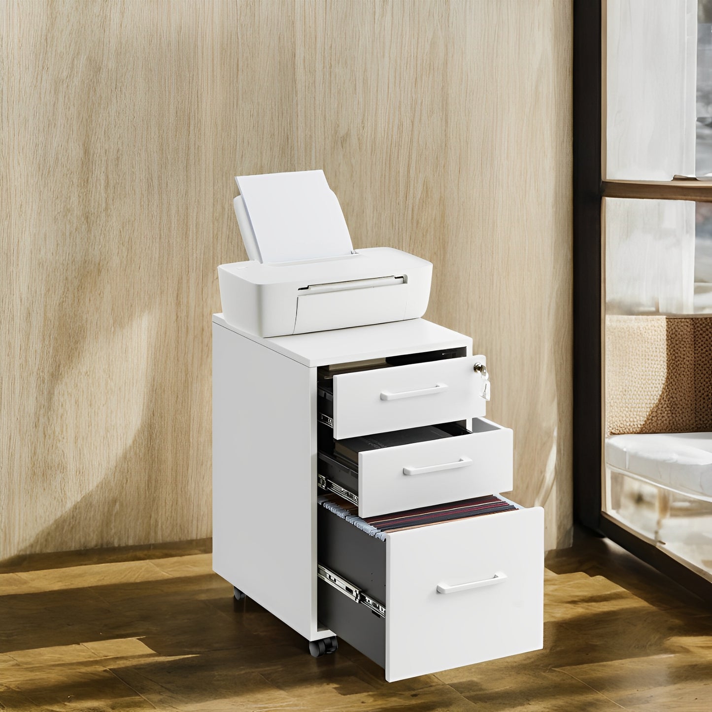 3-Drawer File Cabinet with Lock, Pre-Assembled Mobile Storage for A4, Legal, Letter Files, Wheels & Adjustable Feet, Matte White