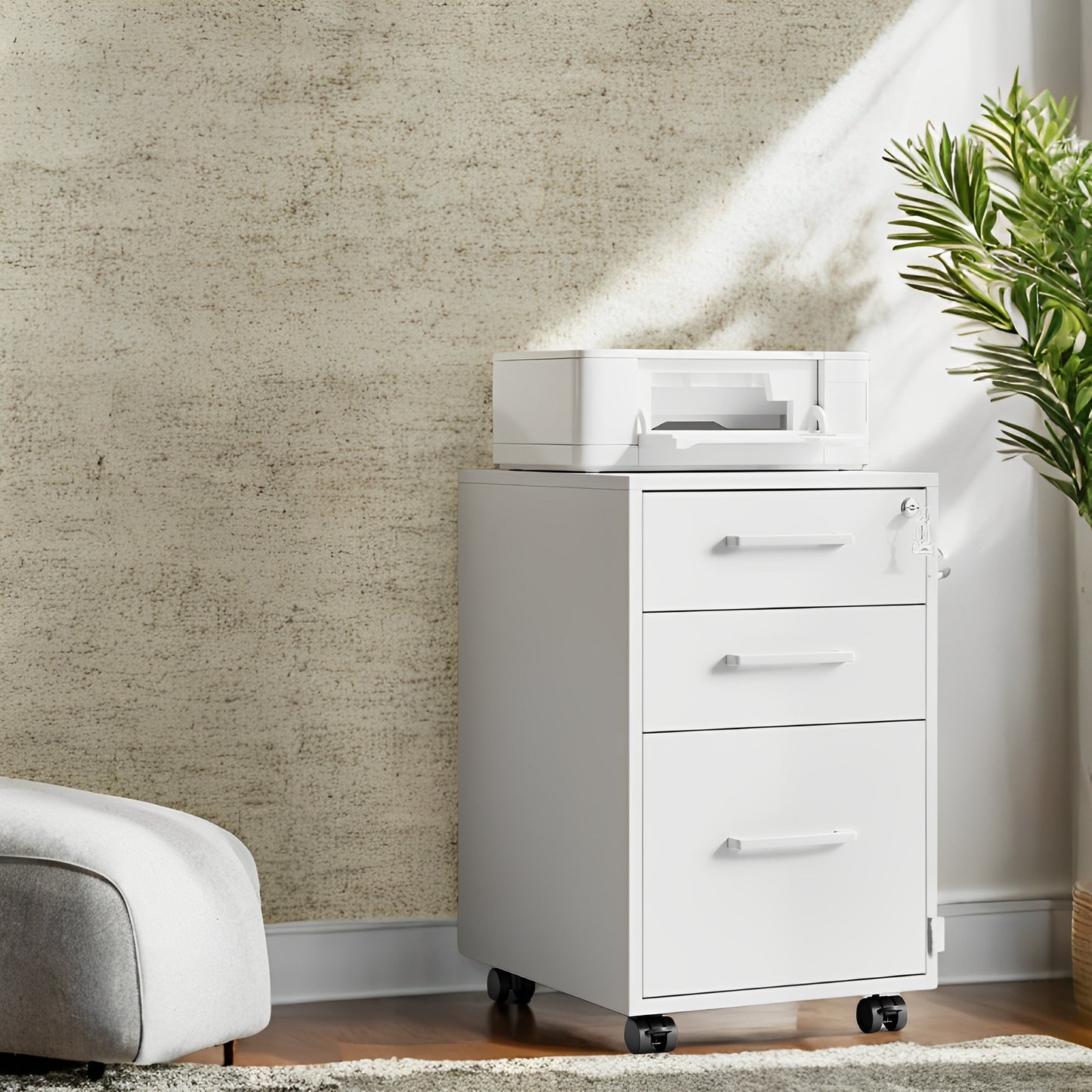 3-Drawer File Cabinet with Lock, Pre-Assembled Mobile Storage for A4, Legal, Letter Files, Wheels & Adjustable Feet, Matte White