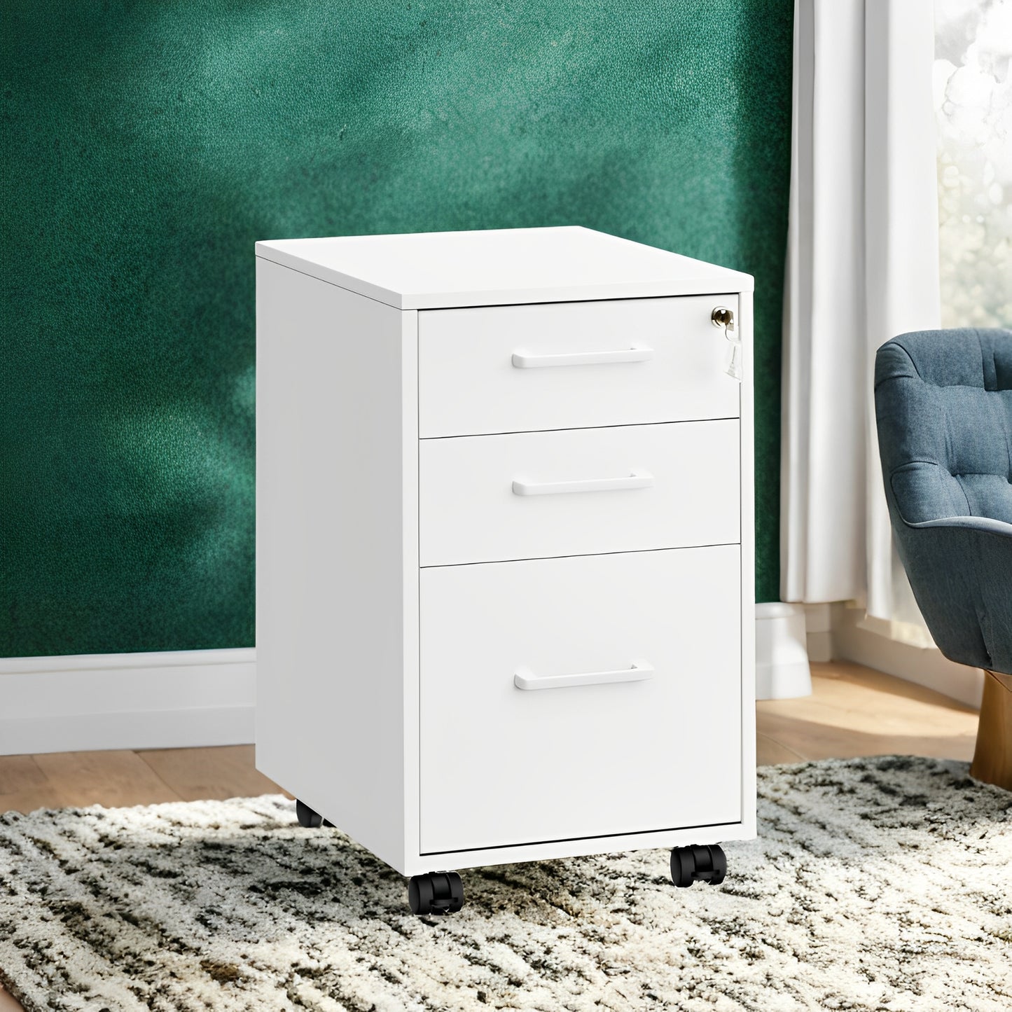 3-Drawer File Cabinet with Lock, Pre-Assembled Mobile Storage for A4, Legal, Letter Files, Wheels & Adjustable Feet, Matte White