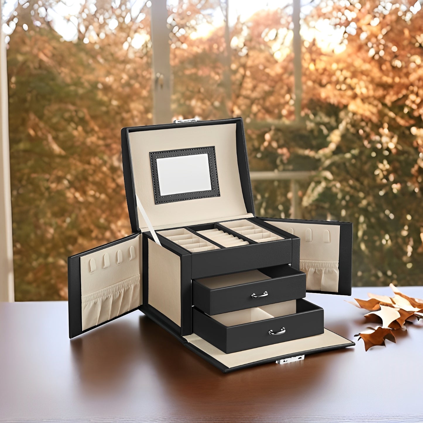 3-Tier Jewelry Organizer with Lock, Travel Jewelry Case with Mirror & 2 Drawers, Velvet-Lined Storage Box, Gift for Women, Black