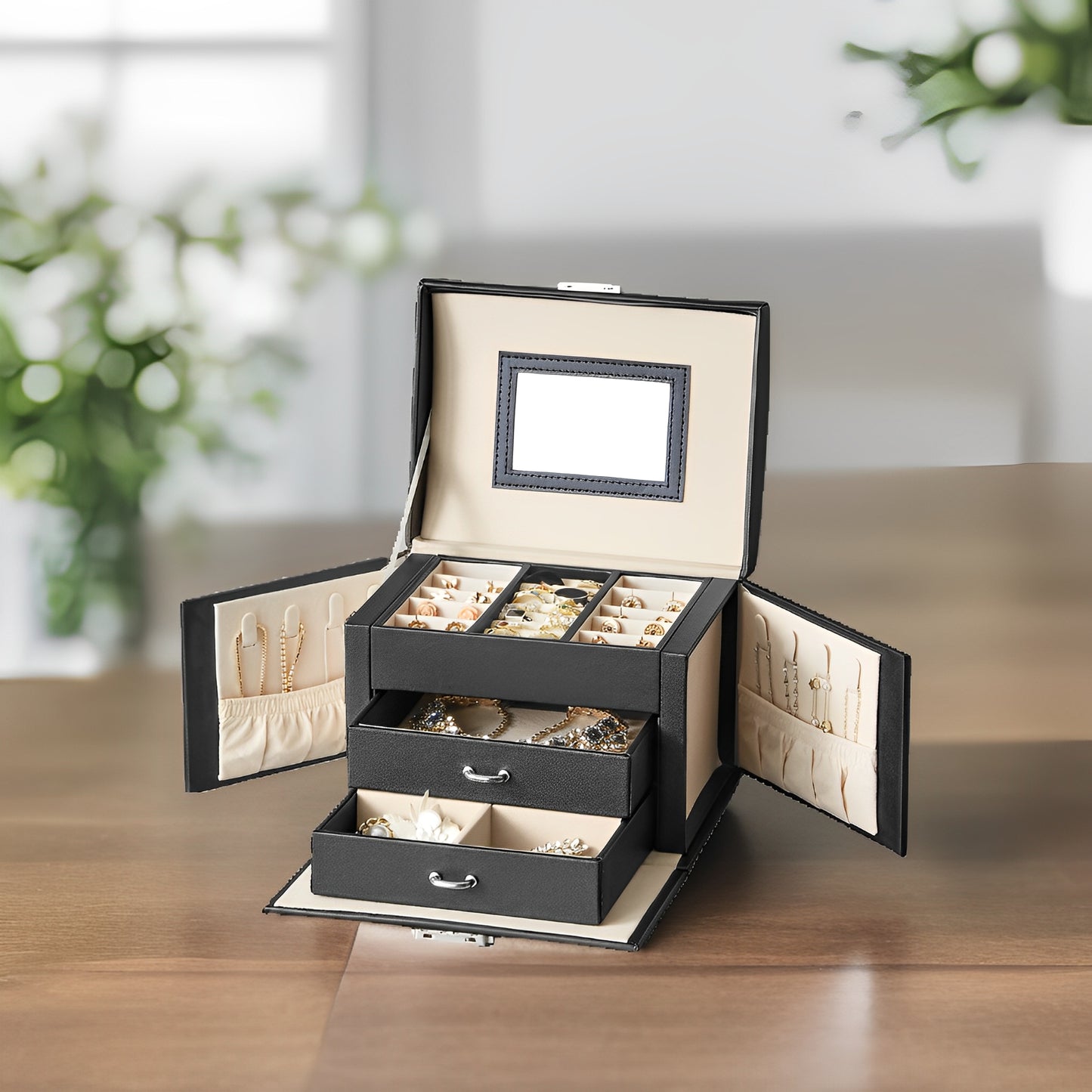 3-Tier Jewelry Organizer with Lock, Travel Jewelry Case with Mirror & 2 Drawers, Velvet-Lined Storage Box, Gift for Women, Black