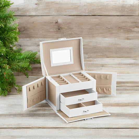 Jewelry Organizer with Lock, 3-Tier Travel Jewelry Box with Mirror & 2 Drawers, Velvet-Lined Storage Case, Gift for Women, White