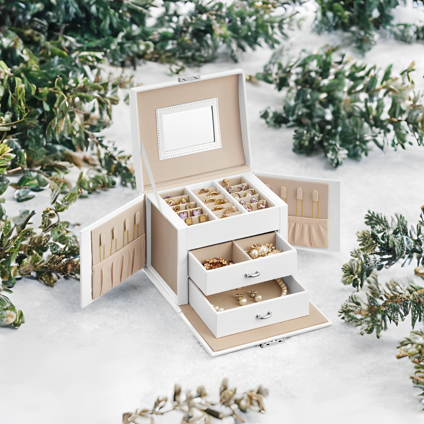 Jewelry Organizer with Lock, 3-Tier Travel Jewelry Box with Mirror & 2 Drawers, Velvet-Lined Storage Case, Gift for Women, White