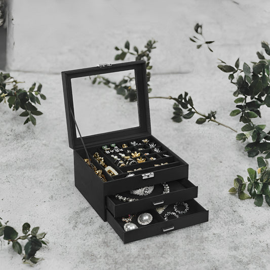 Lockable Jewelry Box with Glass Window, Jewelry Organizer Case for Rings, Earrings, Necklaces, 8 Slots & 2 Drawers, Velvet Lined, Black