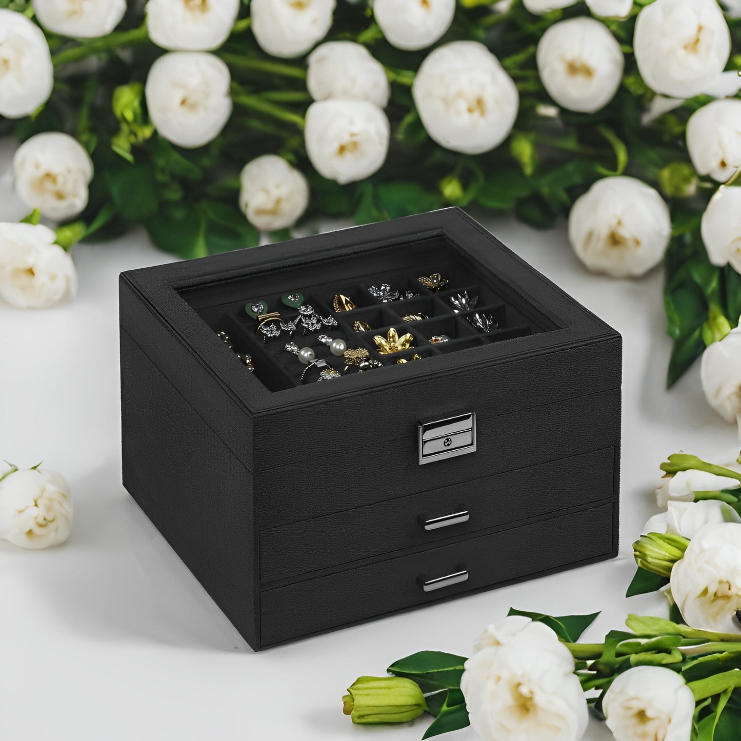 Lockable Jewelry Box with Glass Window, Jewelry Organizer Case for Rings, Earrings, Necklaces, 8 Slots & 2 Drawers, Velvet Lined, Black