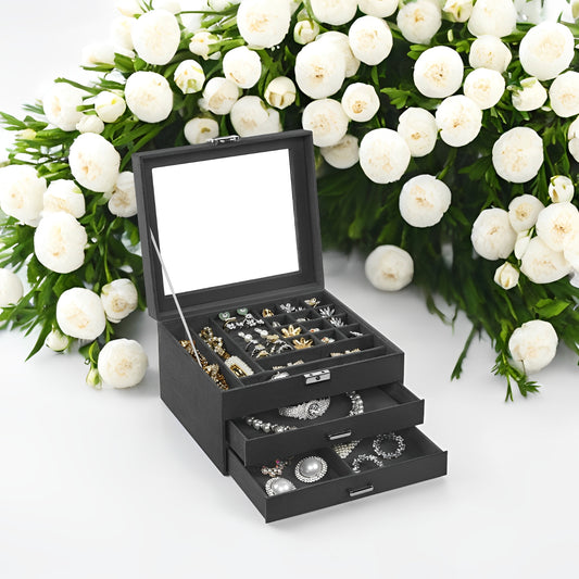Jewelry Box with Lock, Glass Top Display Case Organizer for Rings, Earrings, Necklaces, 8 Slots & 2 Drawers, Velvet Lined, Gray