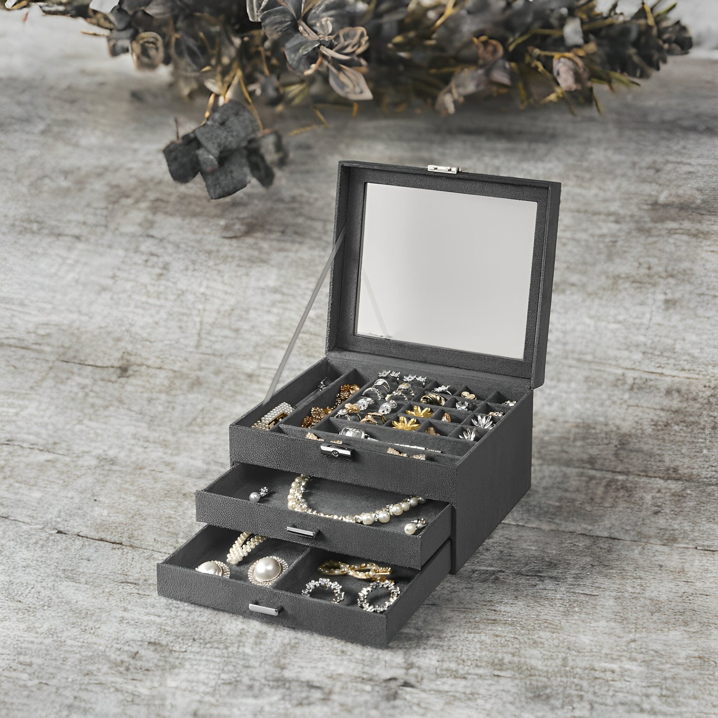 Jewelry Box with Lock, Glass Top Display Case Organizer for Rings, Earrings, Necklaces, 8 Slots & 2 Drawers, Velvet Lined, Gray