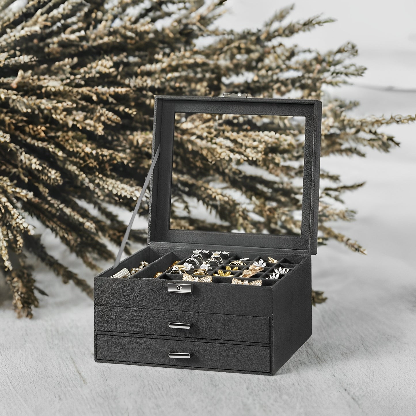 Jewelry Box with Lock, Glass Top Display Case Organizer for Rings, Earrings, Necklaces, 8 Slots & 2 Drawers, Velvet Lined, Gray