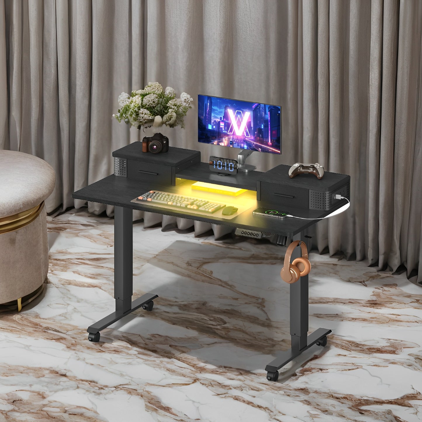 Electric Standing Desk with LED Lights & USB Ports, 47.2" Adjustable Height Office Desk with 3 Memory Presets, Storage Drawers, Ink Black
