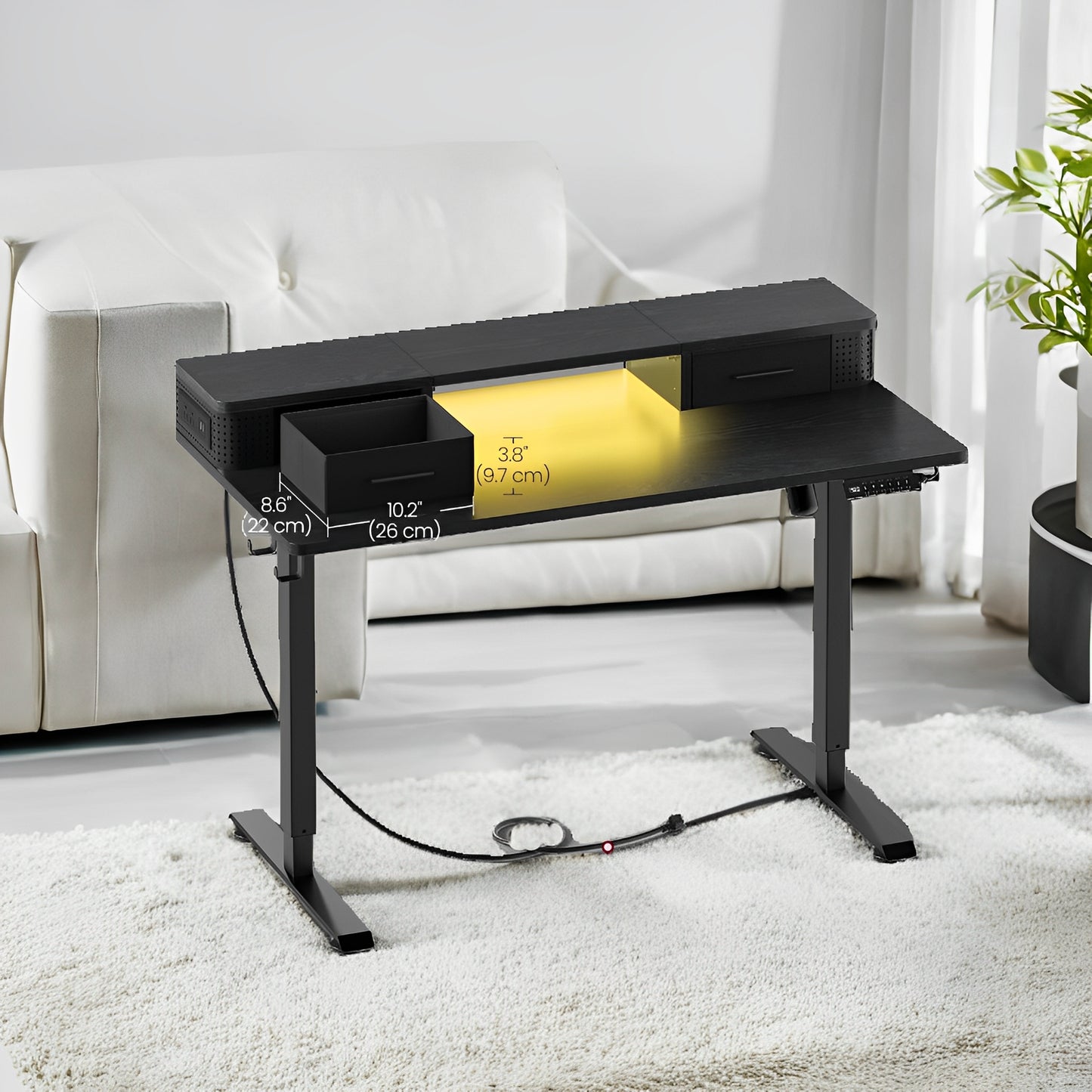 Electric Standing Desk with LED Lights & USB Ports, 47.2" Adjustable Height Office Desk with 3 Memory Presets, Storage Drawers, Ink Black