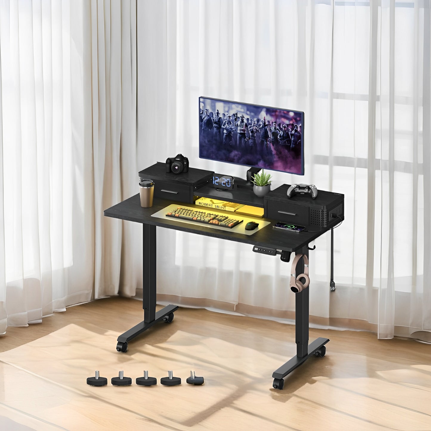 Electric Standing Desk with LED Lights & USB Ports, 47.2" Adjustable Height Office Desk with 3 Memory Presets, Storage Drawers, Ink Black