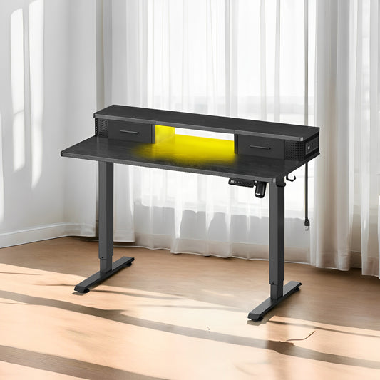 Electric Standing Desk with LED Lights & USB Ports, 47.2" Adjustable Height Office Desk with 3 Memory Presets, Storage Drawers, Ink Black