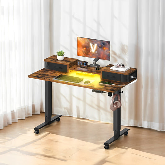 Electric Standing Desk with LED Lights & Power Outlet, 47.2" Adjustable Height Office Desk with 3 Memory Presets, Storage Drawers, Rustic Brown