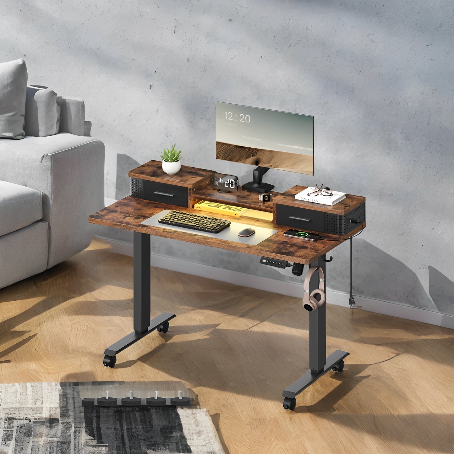 Electric Standing Desk with LED Lights & Power Outlet, 47.2" Adjustable Height Office Desk with 3 Memory Presets, Storage Drawers, Rustic Brown