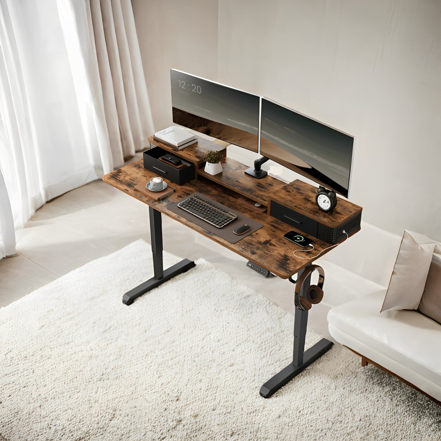 Electric Standing Desk with LED Lights & USB Ports, 55.1" Adjustable Height Office Desk with 3 Memory Presets, Storage Drawers, Rustic Brown