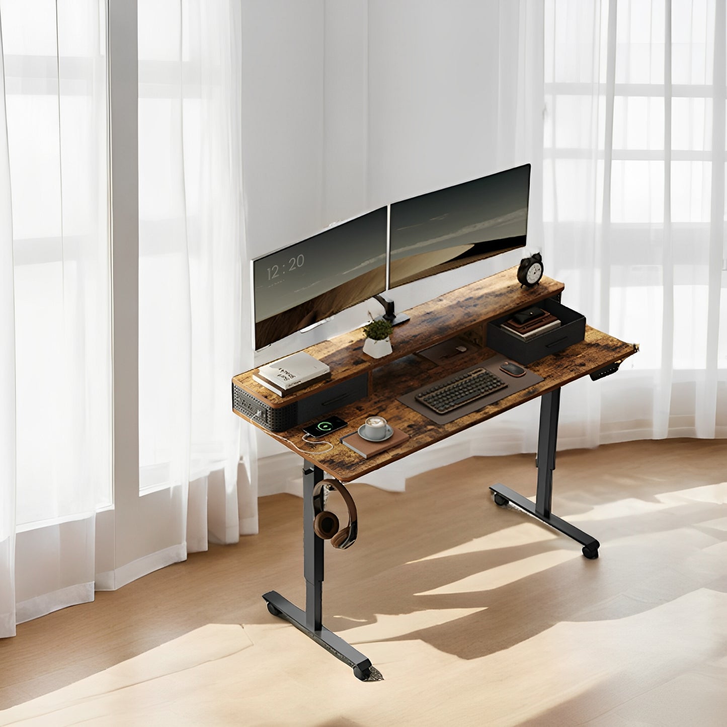 Electric Standing Desk with LED Lights & USB Ports, 55.1" Adjustable Height Office Desk with 3 Memory Presets, Storage Drawers, Rustic Brown