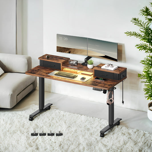 Electric Standing Desk with LED Lights & USB Ports, 55.1" Adjustable Height Office Desk with 3 Memory Presets, Storage Drawers, Rustic Brown