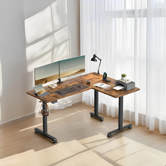 L-Shaped Electric Standing Desk, 63" Corner Desk with Power Outlets & Memory Buttons, Adjustable Height 28.3"-47.2", Rustic Brown