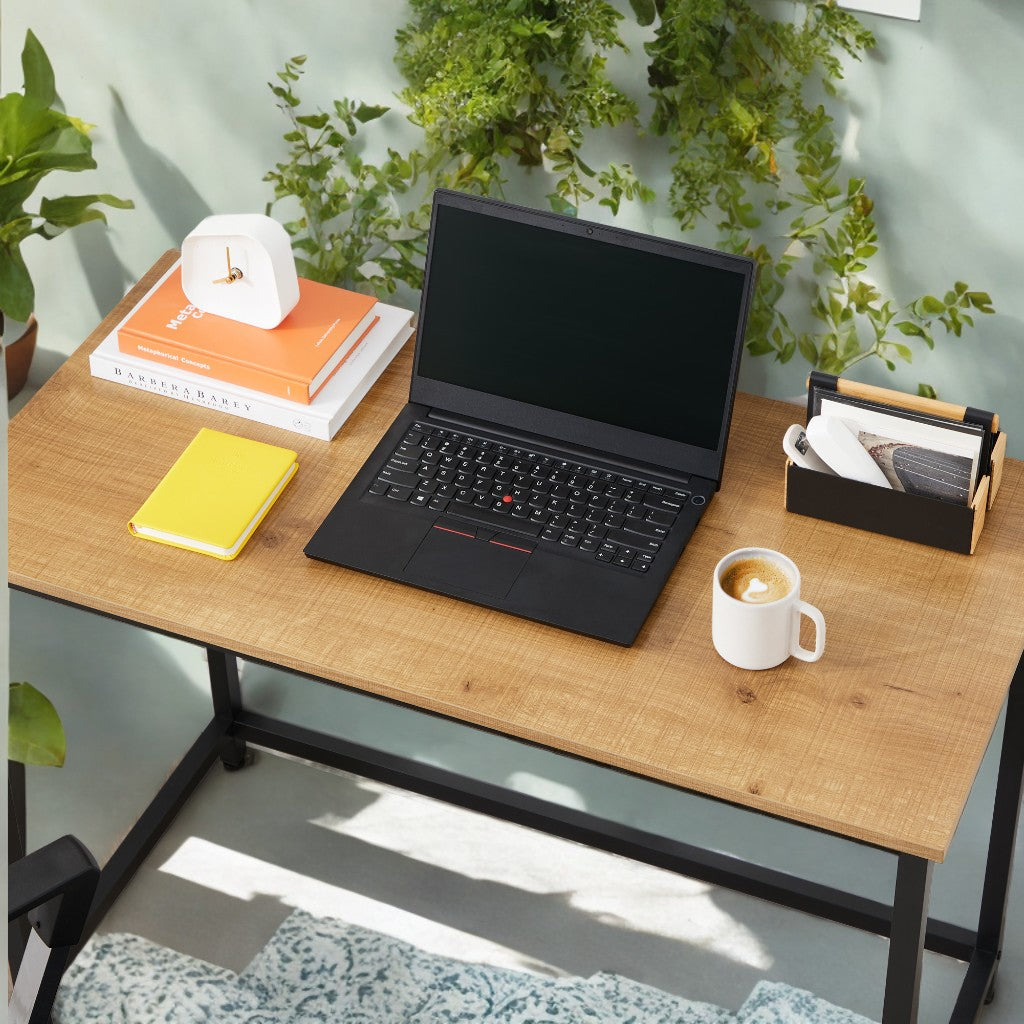 39.4" Computer Desk with Metal Frame, Small Space Gaming & Office Desk, 110 lb Capacity, Industrial Style, Honey Brown and Black