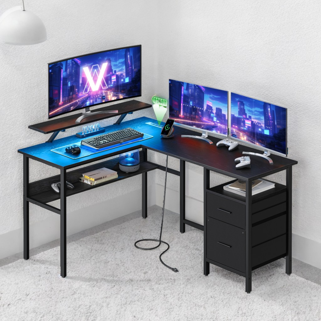 L-Shaped Computer Desk with LED Lights & Power Outlets, Gaming Desk with Monitor Stand & 2 Drawers, Corner Desk for Home Office, Ebony Black