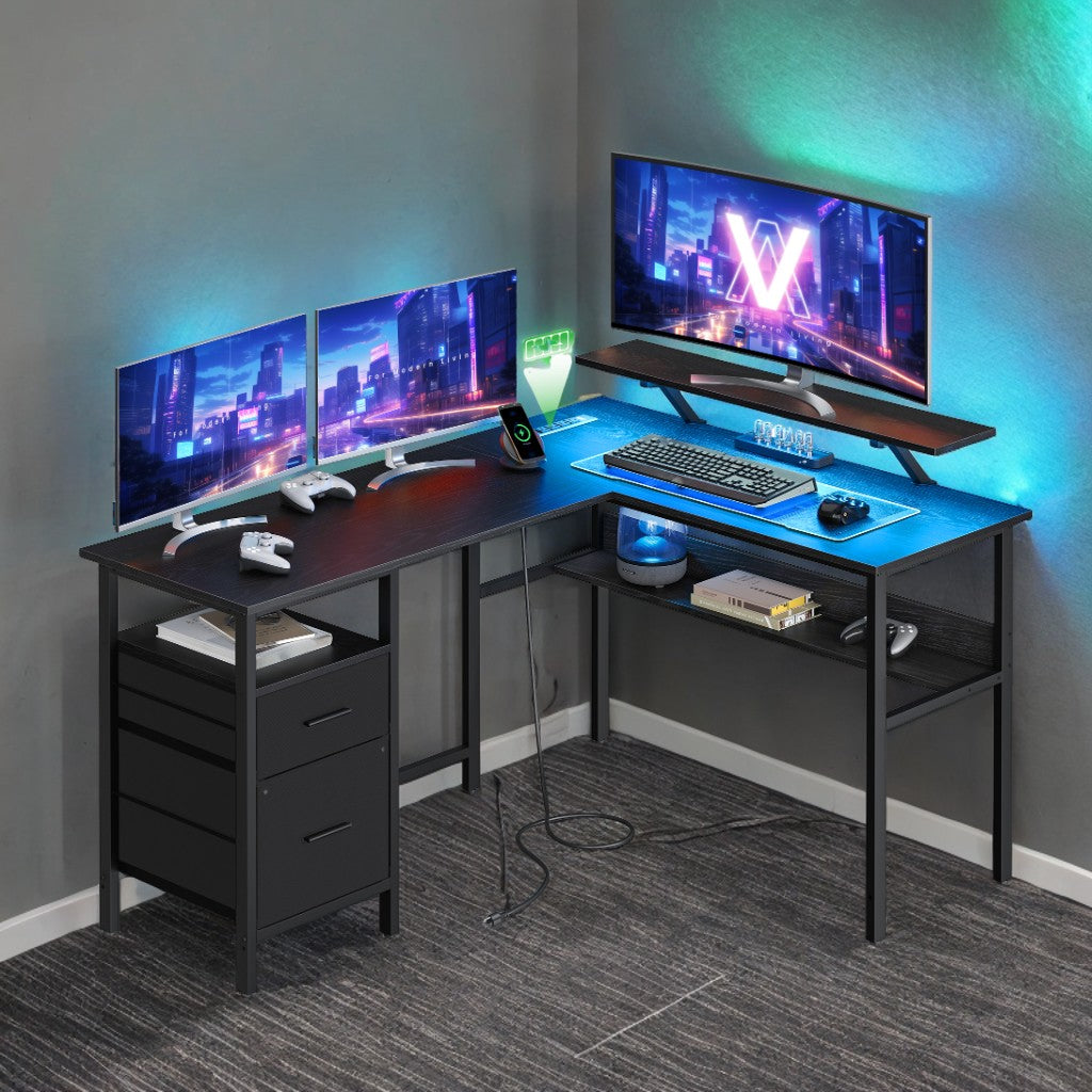 L-Shaped Computer Desk with LED Lights & Power Outlets, Gaming Desk with Monitor Stand & 2 Drawers, Corner Desk for Home Office, Ebony Black